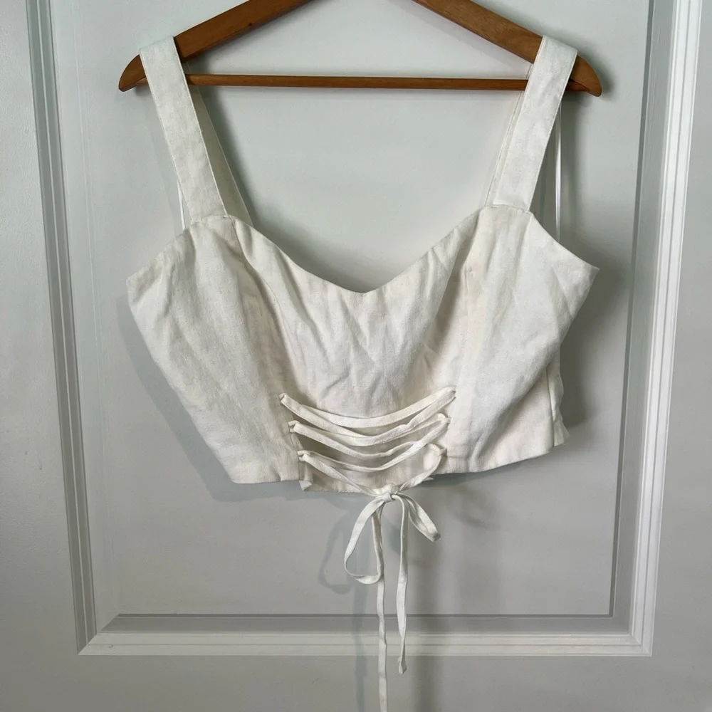 💌 A&F -‎ White Creame Lace-Up Linen-Blend Set Top - Picture 7 of 11